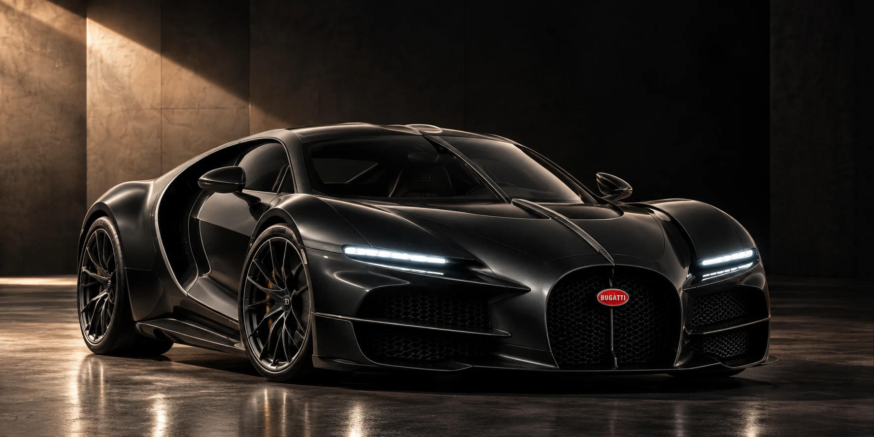 Bugatti Tourbillon negro grafito, tres cuartos frontal, en estudio oscuro