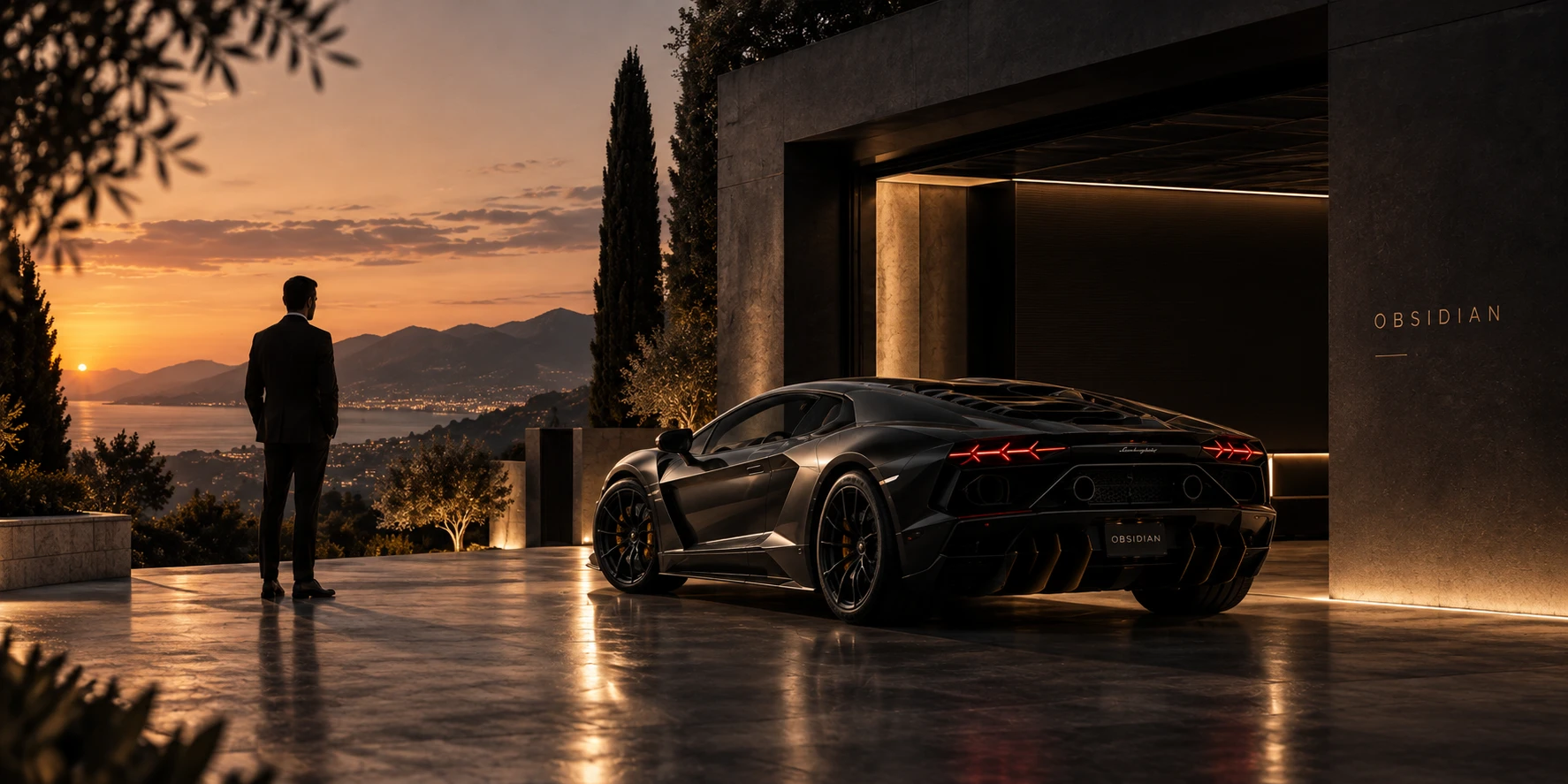 Lamborghini oscuro ante el garaje iluminado de una villa al atardecer, un hombre mira el mar