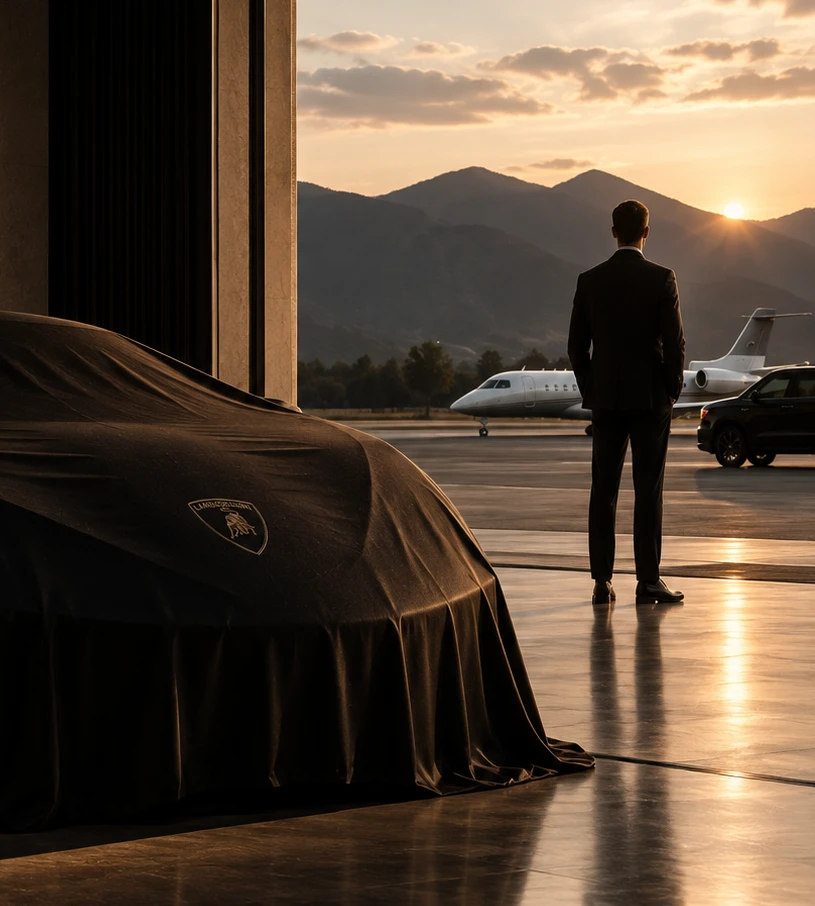 Coche cubierto en un hangar abierto al atardecer, un hombre de traje frente a un jet privado