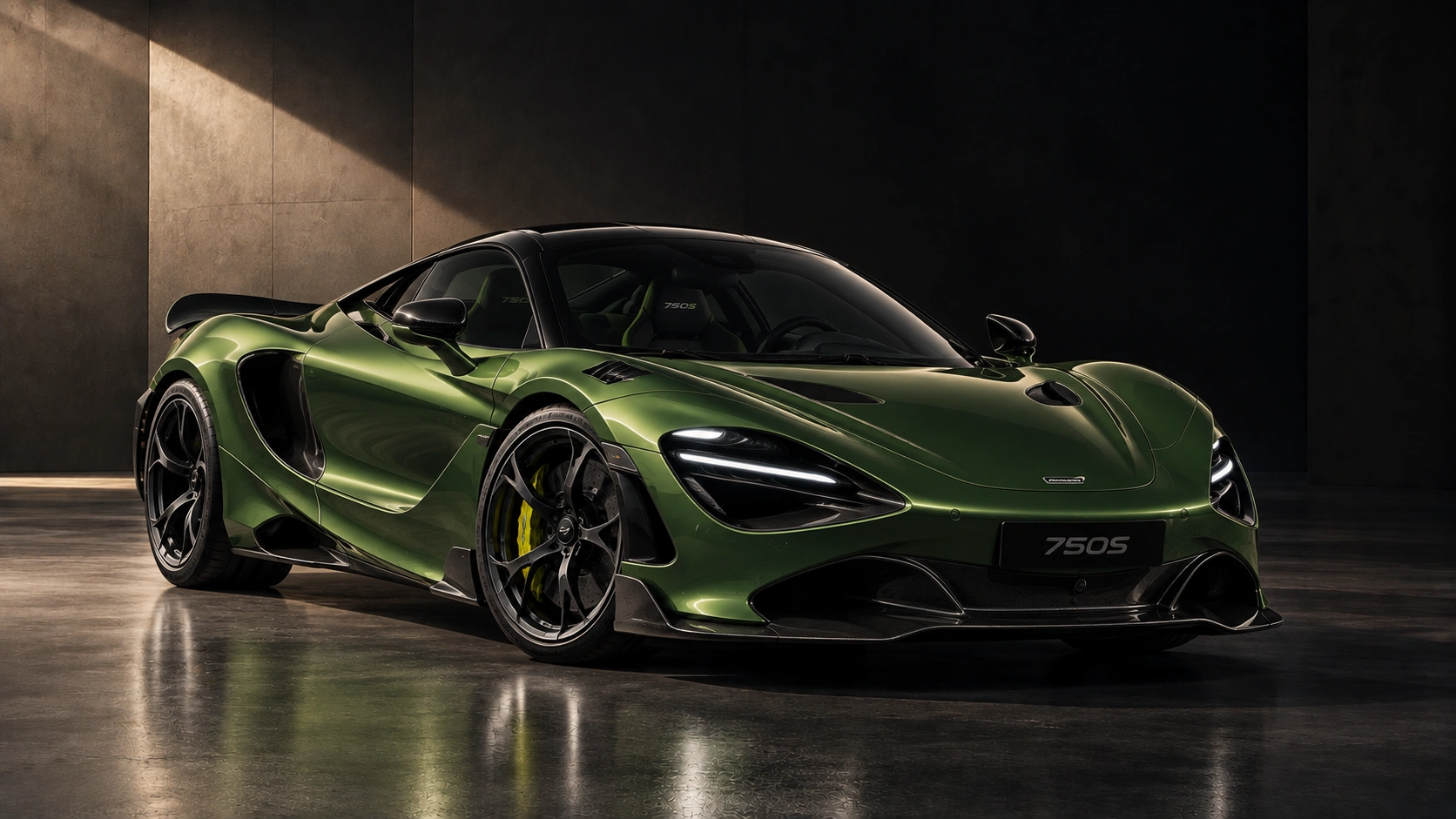 McLaren 750S verde, tres cuartos frontal, en estudio oscuro