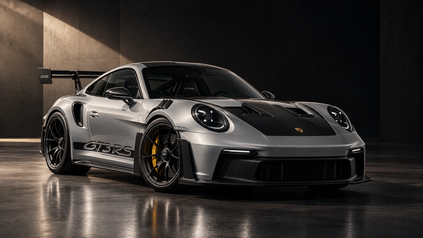 Porsche 911 GT3 RS plata, tres cuartos frontal, en estudio oscuro